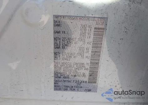 2019 Nissan Rogue Sv from USA, damaged, VIN 5N1AT2MT9KC725248